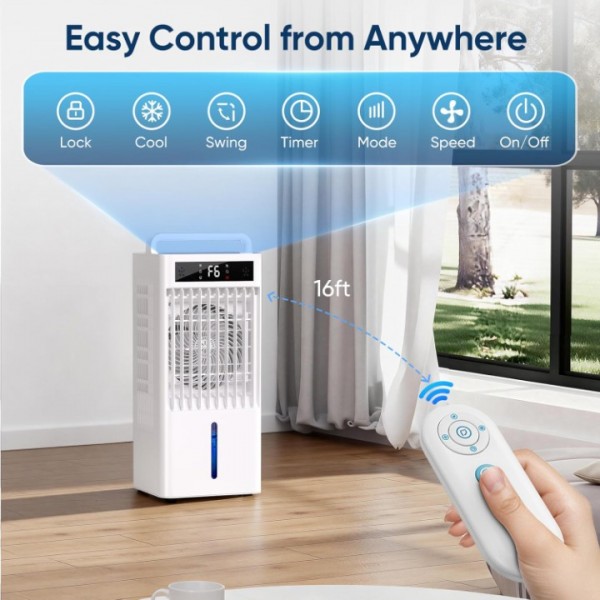Evaporative Air Cooler, 4-IN-1 Portable Air Cooler, Swamp Cooler, 3 Speeds & 4 Modes, 1.6-Gal Water Tank for Cooling, 20 FT/S Remote Control, Windowless Air Cooler for Indoors