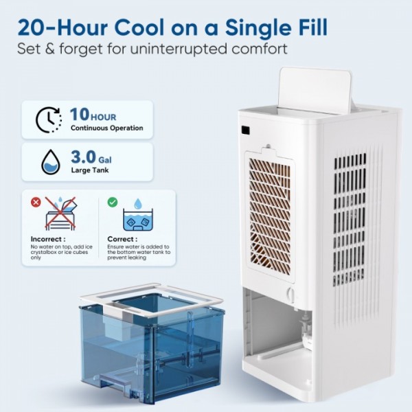 Portable Air Conditioners Fan, Windowless Evaporative Air Cooler 2 Modes & 6 Speeds, 12H Timer for Smart Auto-off, 3-Gals Tank for 20H Cooling,16FT Remote,No Hose Needed,38db Swamp Cooler 