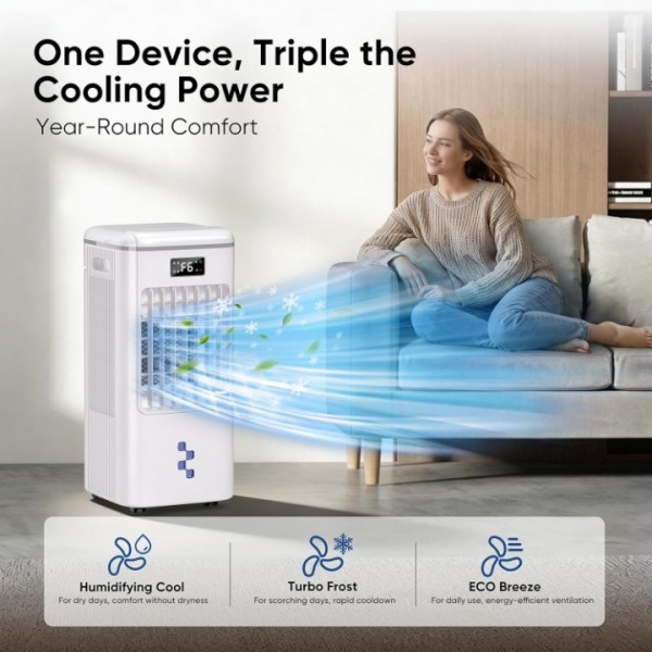 Windowless Portable Air Conditioners Fan, Evaporative Air Cooler Fan 3 Modes & 3 Speeds, 2-Gal Tank for 20H Cooling,12H Timer for Smart Auto-off, 16FT Remote,No Hose Needed,38db Swamp Cooler