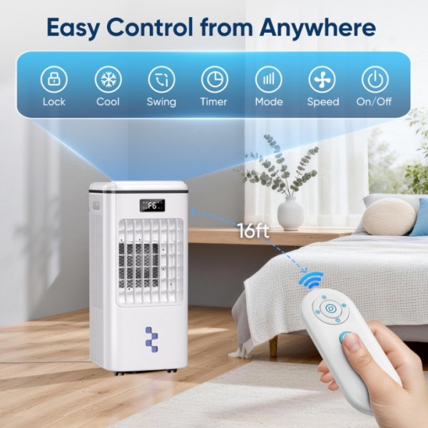 4-in-1 Evaporative Air Cooler, Portable Air Conditioner & Swamp Cooler with 3 Speeds & 4 Modes, 2-Gal Water Tank, Remote and Touch Control, Low-Noise for Indoor Daily Use