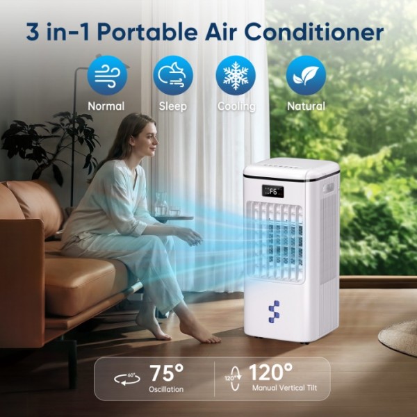 4-in-1 Evaporative Air Cooler, Portable Air Conditioner & Swamp Cooler with 3 Speeds & 4 Modes, 2-Gal Water Tank, Remote and Touch Control, Low-Noise for Indoor Daily Use